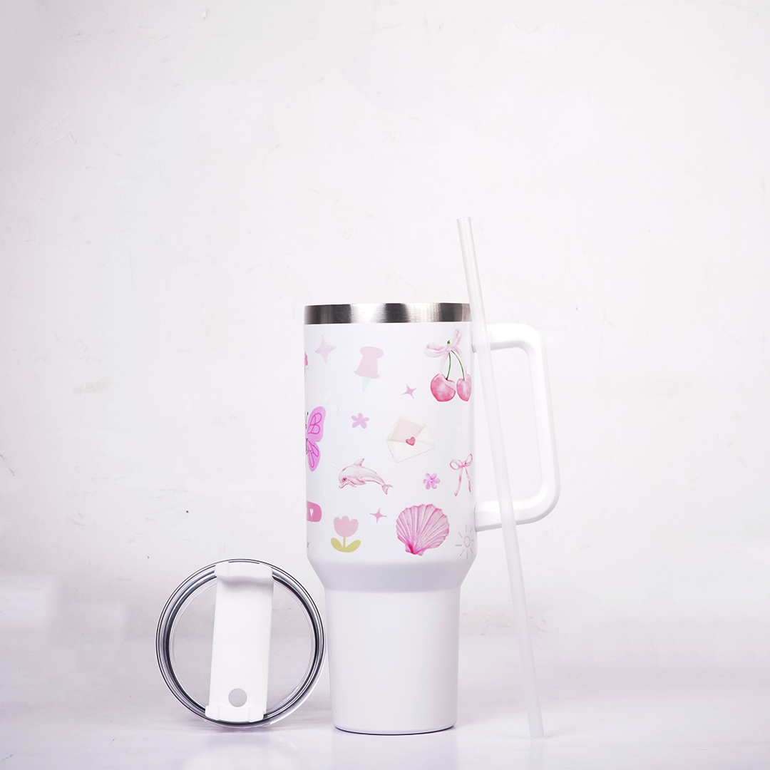 White Pink Cherry Print Tumbler with Straw & Handle – Aesthetic Travel Coffee Cup