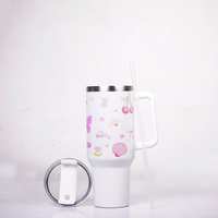 White Pink Cherry Print Tumbler with Straw & Handle – Aesthetic Travel Coffee Cup