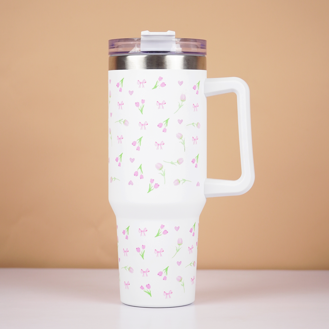Floral Stainless Steel Insulated Tumbler with Handle & Straw – 1200ml Leakproof Travel Mug | Height 27cm, Width 7cm
