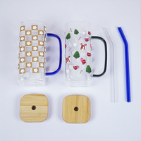 Set-2 Trendy Printed Glass Cup with Bamboo Lid & Straw