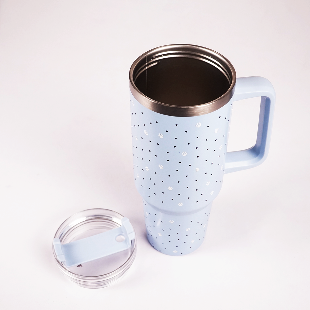 Blue Paw & Heart Print Tumbler – Insulated Travel Tumbler with Handle & Straw
