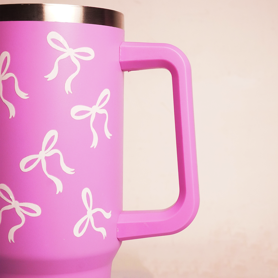 Bow Print Tumbler with Handle & Straw | Reusable Travel Water Cup | Stylish Drinkware