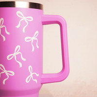 Bow Print Tumbler with Handle & Straw | Reusable Travel Water Cup | Stylish Drinkware