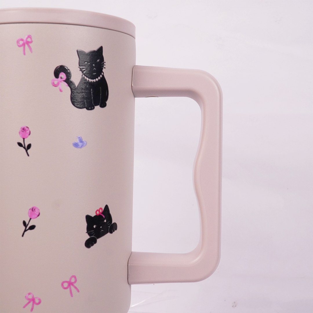 Cute Black Cat Travel Tumbler with Straw & Handle