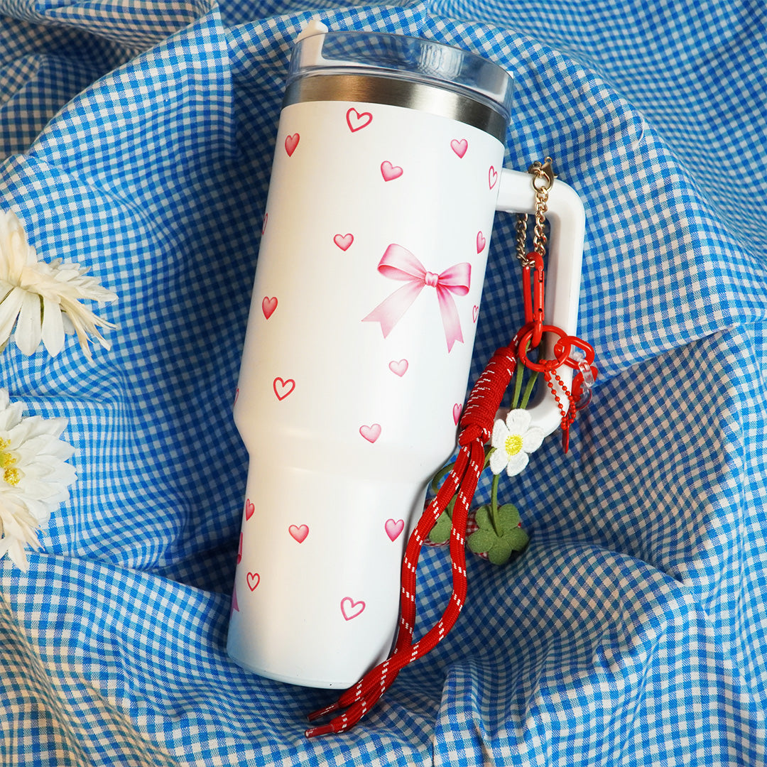Bow & Heart Print Tumbler with Handle & Charm | Reusable Travel Cup | Cute Everyday Drinkware