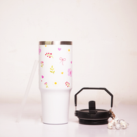 Butterfly & Floral Print Tumbler with Handle & Decorative Bead Charm | Reusable Travel Cup