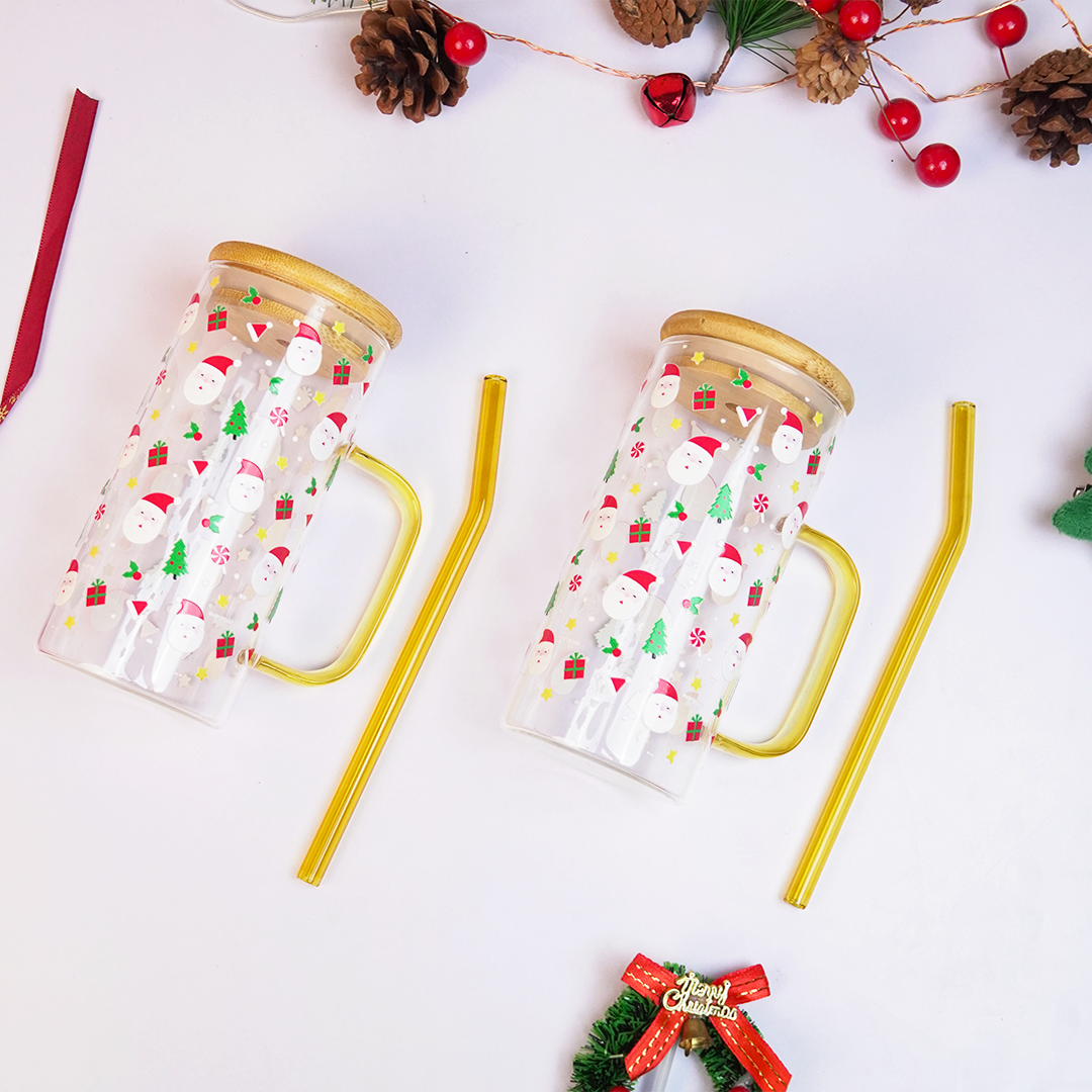 Christmas Santa Glass Tumbler with Handle & Bamboo Lid – Set of 2 | Festive Holiday Design with Straw
