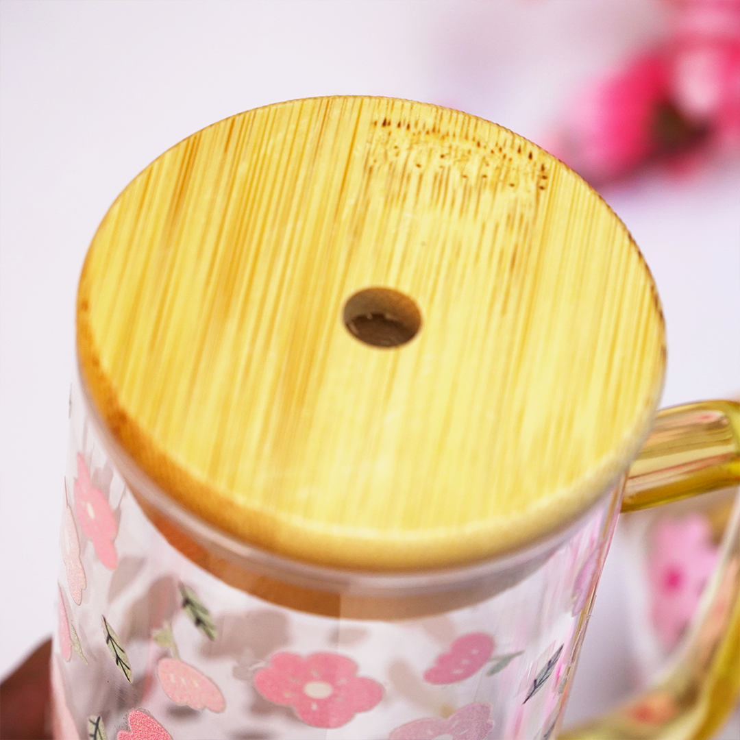 Set of 2 Blossom Glass Tumbler with Bamboo Lid & Straw