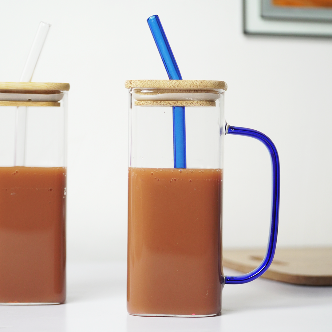 Glass Mug with Bamboo Lid & Reusable Straw | Clear Drinking Glass with Handle for Coffee
