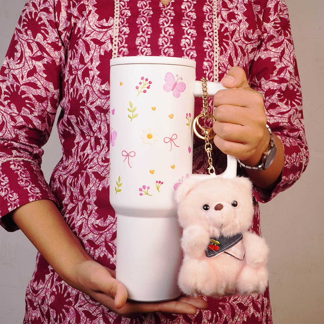Butterfly, Bow & Floral Print travel  WHITE Tumbler