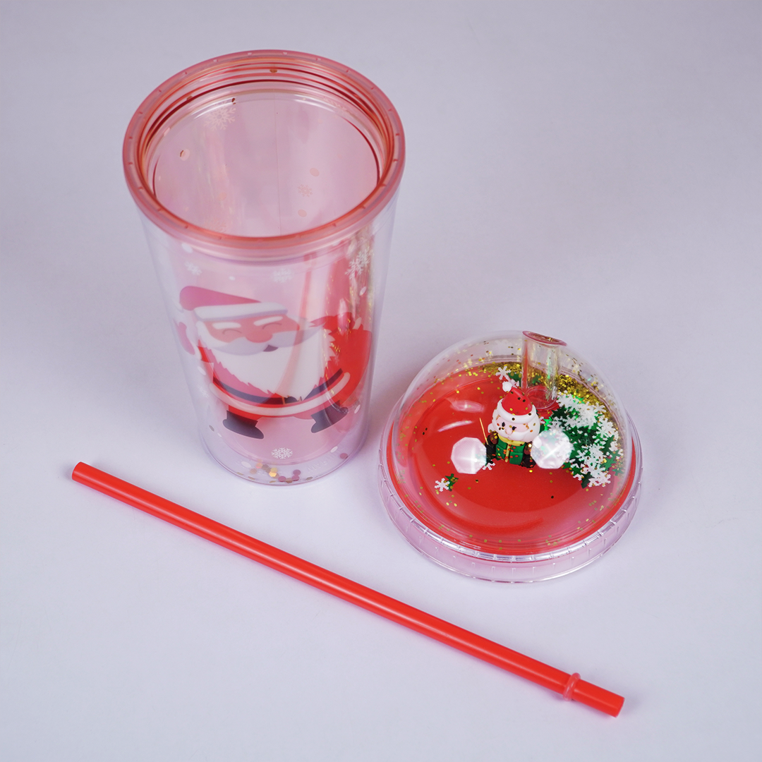 Merry Christmas Transparent Sipper with Dome Lid & Straw (Random Design Only Pack of 1)