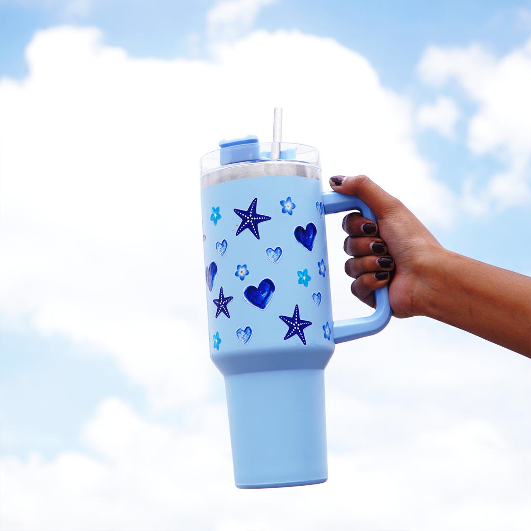Starfish Print Tumbler with Handle & Straw | Reusable Travel Water Cup | Stylish Drinkware