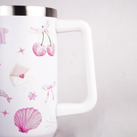 White Pink Cherry Print Tumbler with Straw & Handle – Aesthetic Travel Coffee Cup