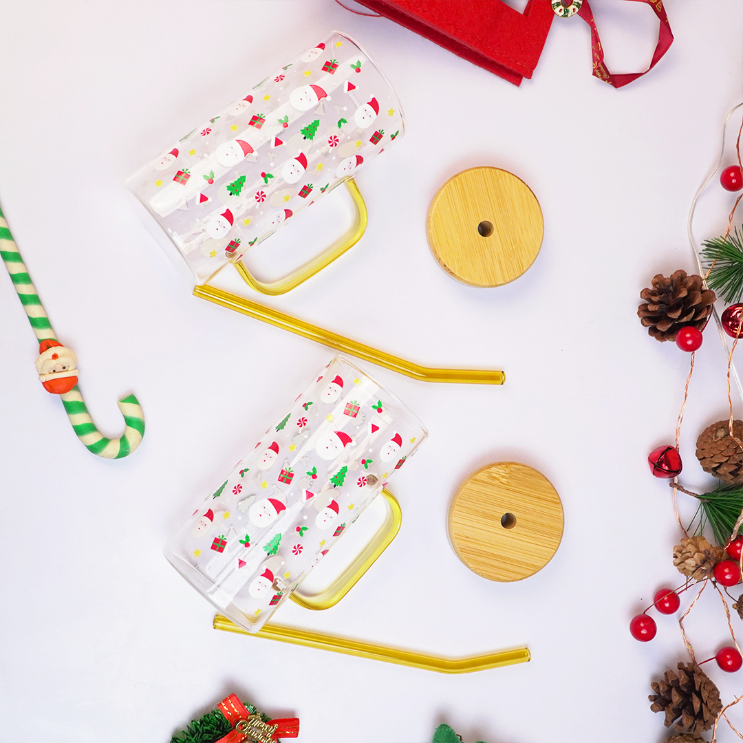 Christmas Santa Glass Tumbler with Handle & Bamboo Lid – Set of 2 | Festive Holiday Design with Straw