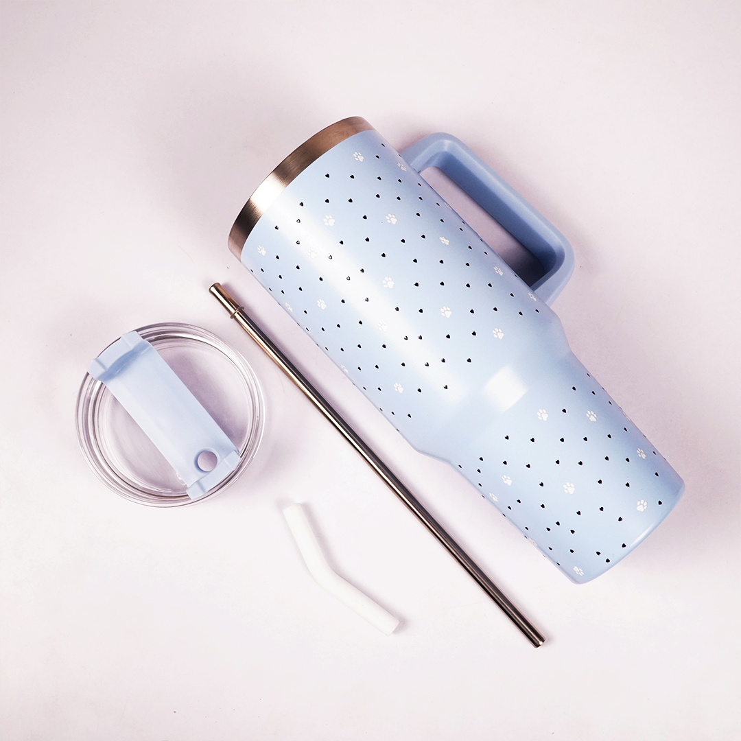 Blue Paw & Heart Print Tumbler – Insulated Travel Tumbler with Handle & Straw
