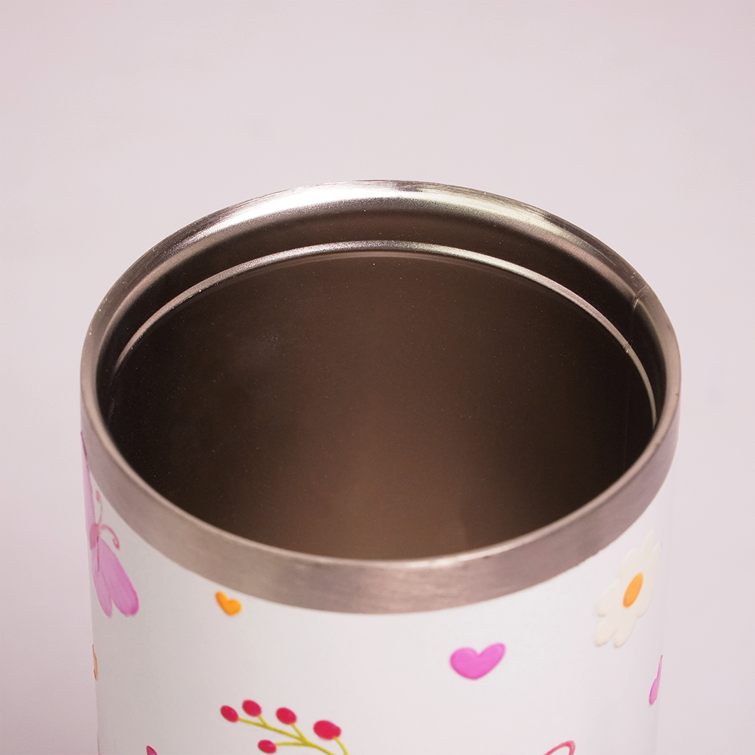 Butterfly & Floral Print Tumbler with Handle & Decorative Bead Charm | Reusable Travel Cup