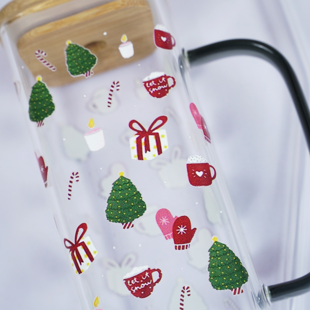 Set-2 Trendy Printed Glass Cup with Bamboo Lid & Straw