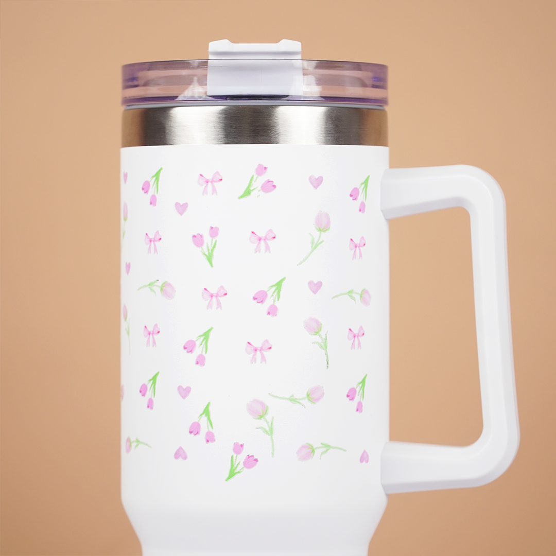 Floral Stainless Steel Insulated Tumbler with Handle & Straw – 1200ml Leakproof Travel Mug | Height 27cm, Width 7cm