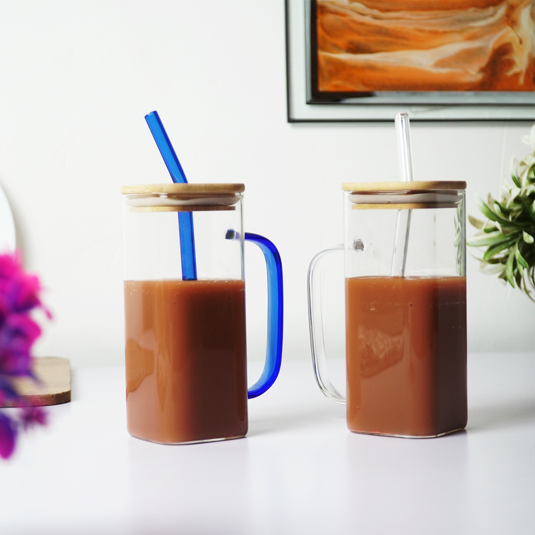 Glass Mug with Bamboo Lid & Reusable Straw | Clear Drinking Glass with Handle for Coffee