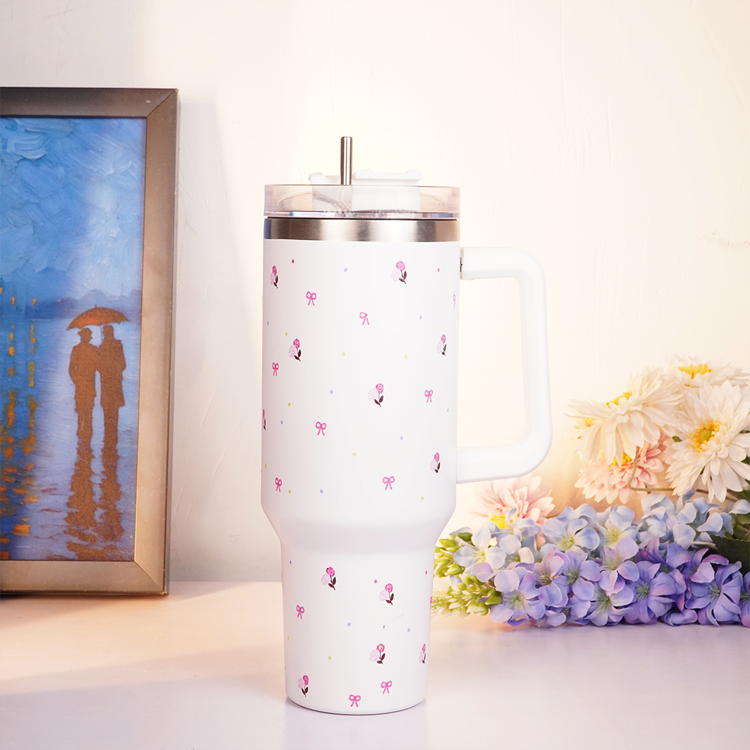 White Flower Tumbler with Handle & Straw – Cute Rose & Bow Design Reusable Travel Cup