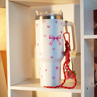 Bow & Heart Print Tumbler with Handle & Charm | Reusable Travel Cup | Cute Everyday Drinkware