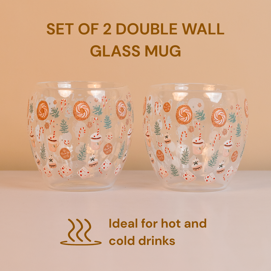 Set-2 Candy Cane & Christmas Treats  -Double Wall Glass Mug