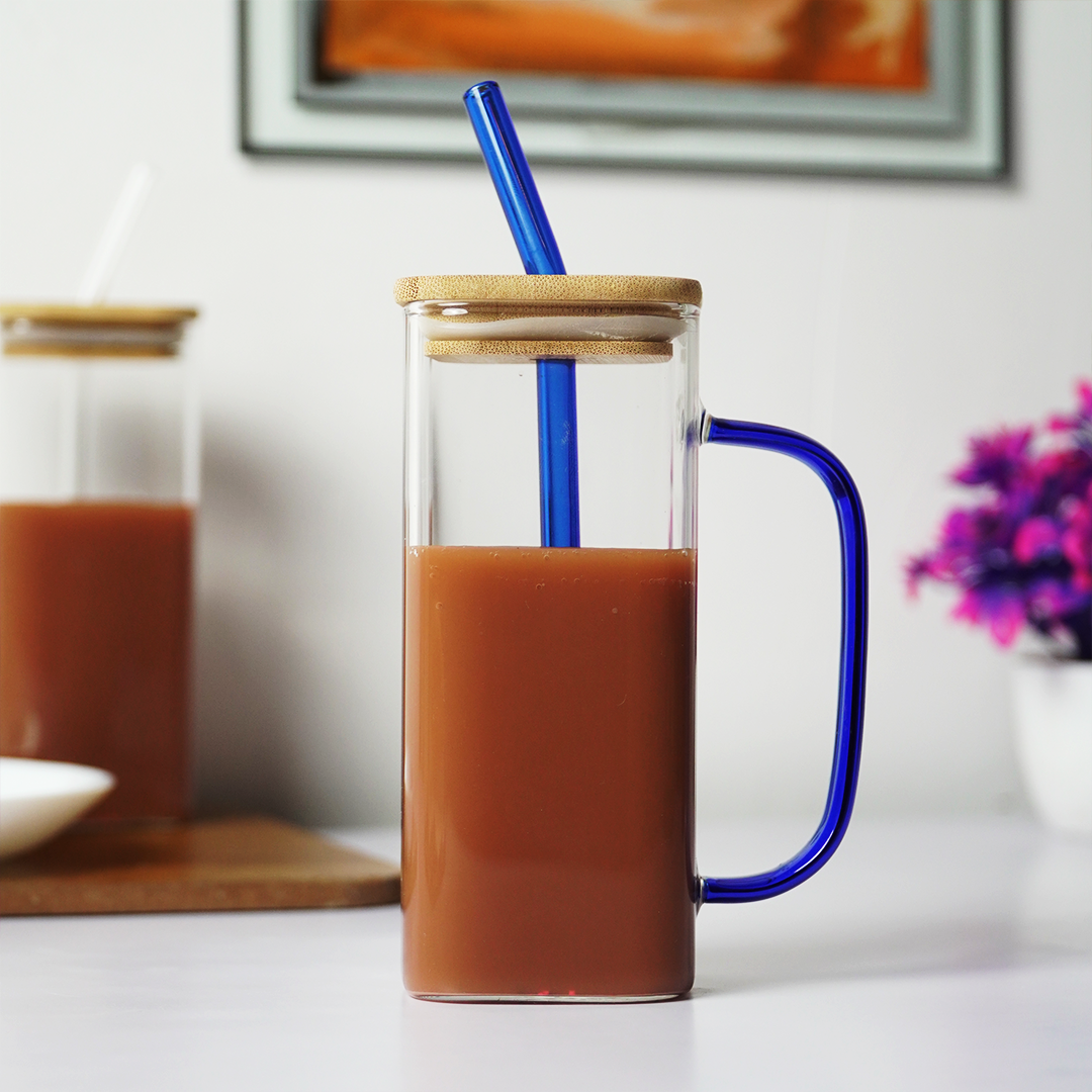 Glass Mug with Bamboo Lid & Reusable Straw | Clear Drinking Glass with Handle for Coffee