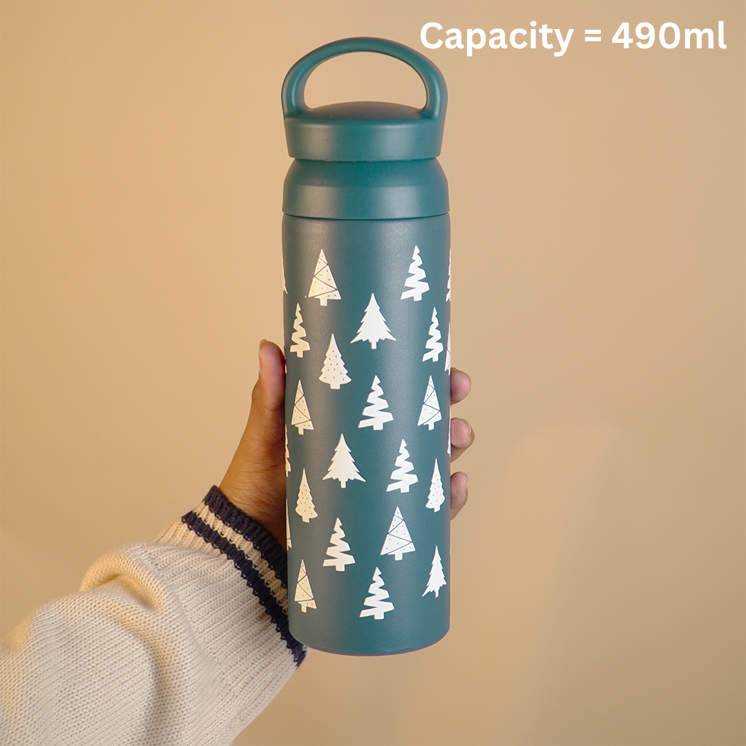 Winter Forest Design Vacuum Insulated Tumbler – 490ml Hot & Cold Stainless Steel Bottle with Carry Loop Lid