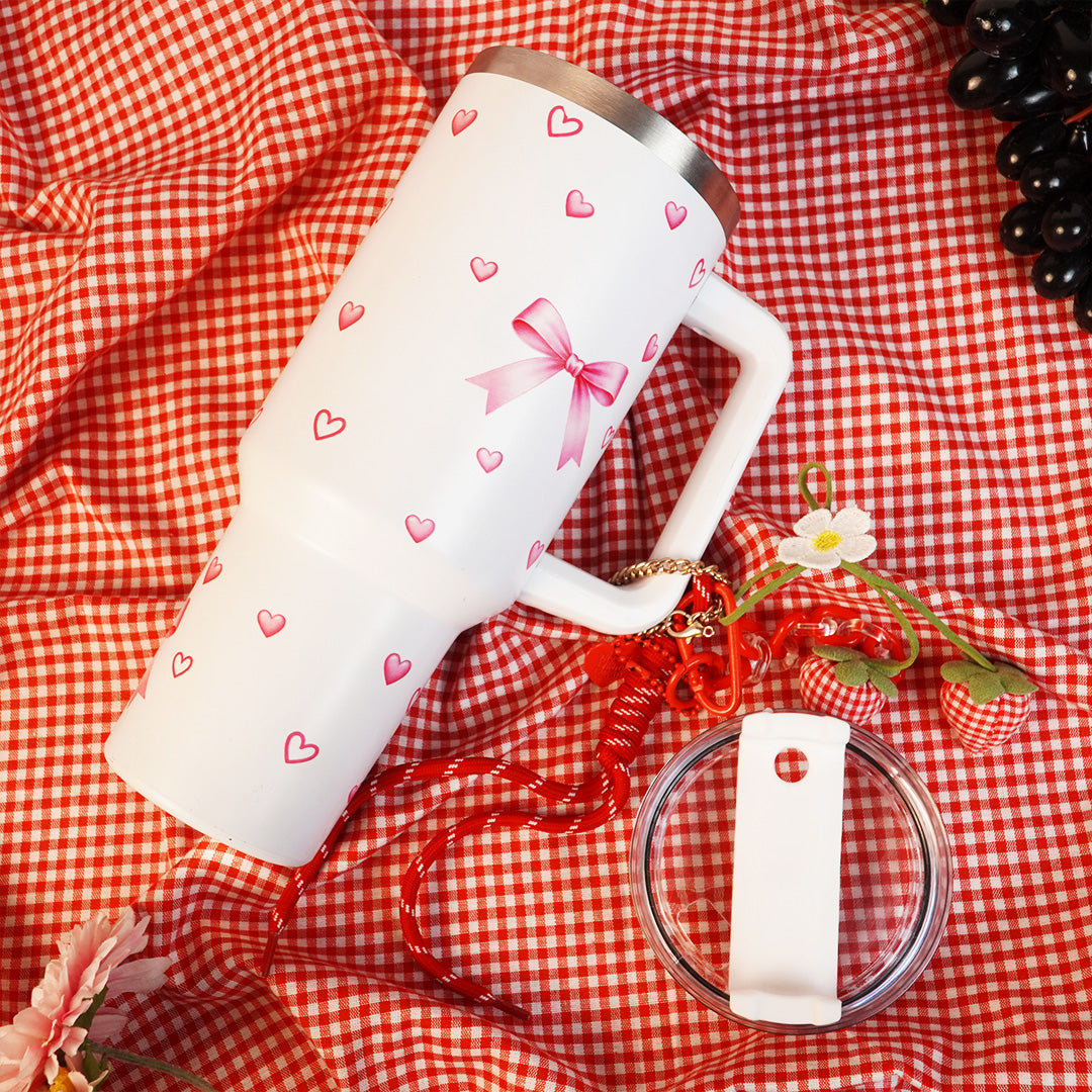 Bow & Heart Print Tumbler with Handle & Charm | Reusable Travel Cup | Cute Everyday Drinkware