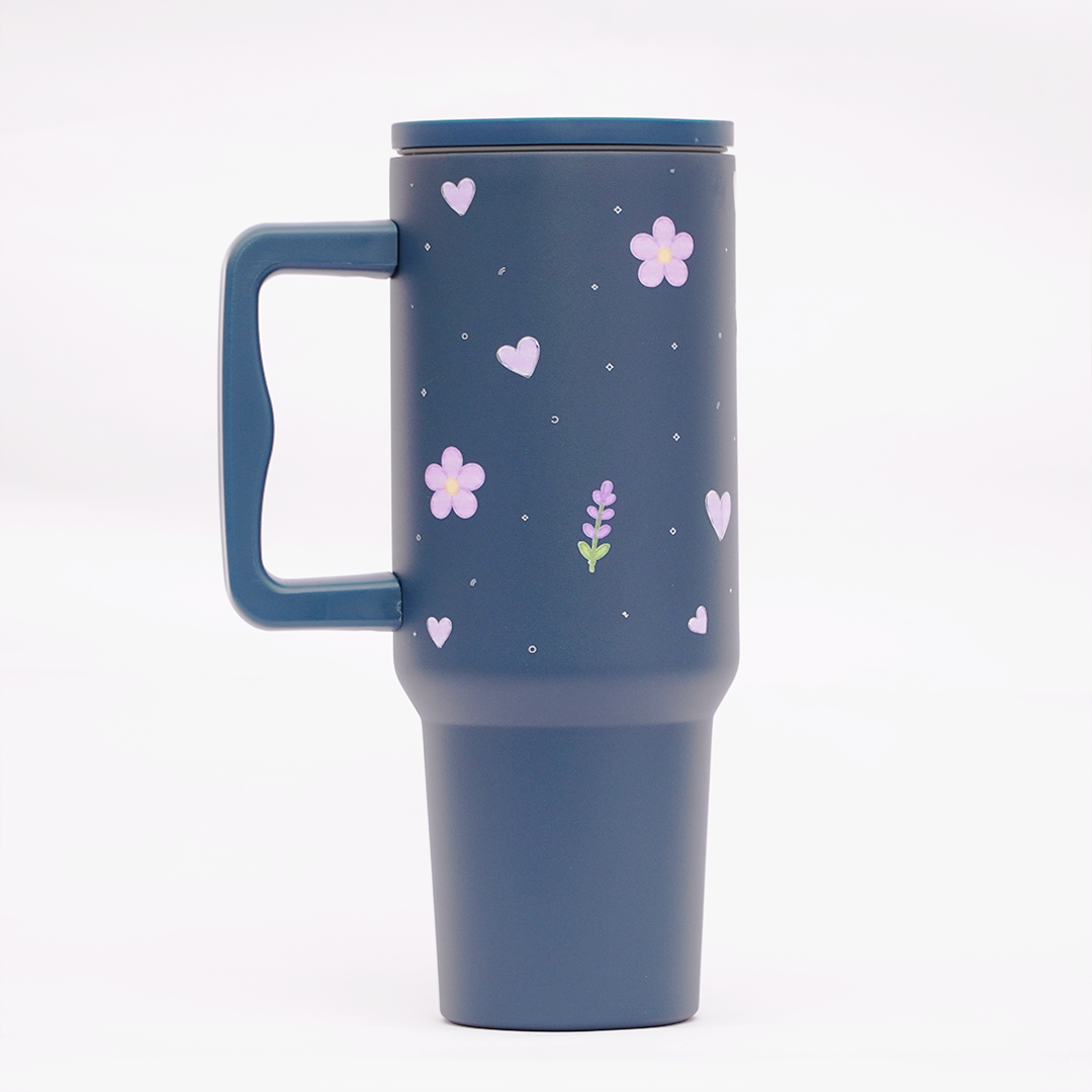 Lavender Floral Stainless Steel Travel Tumbler with Handle & Leakproof Lid | Double Wall Vacuum Insulated Coffee Mug
