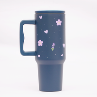 Lavender Floral Stainless Steel Travel Tumbler with Handle & Leakproof Lid | Double Wall Vacuum Insulated Coffee Mug