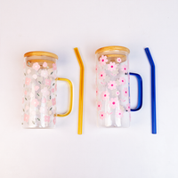 Set of 2 Blossom Glass Tumbler with Bamboo Lid & Straw