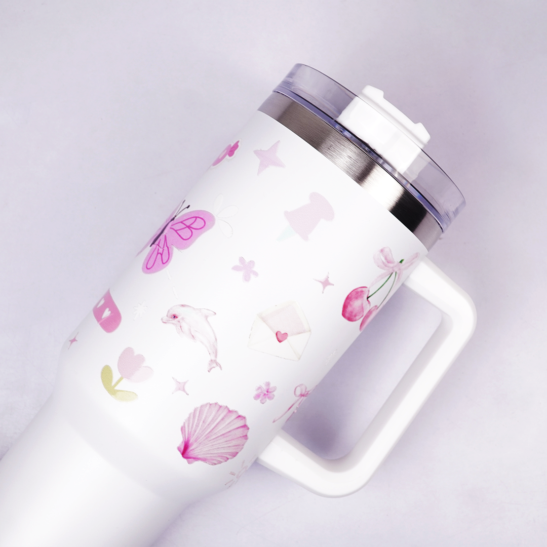 White Pink Cherry Print Tumbler with Straw & Handle – Aesthetic Travel Coffee Cup