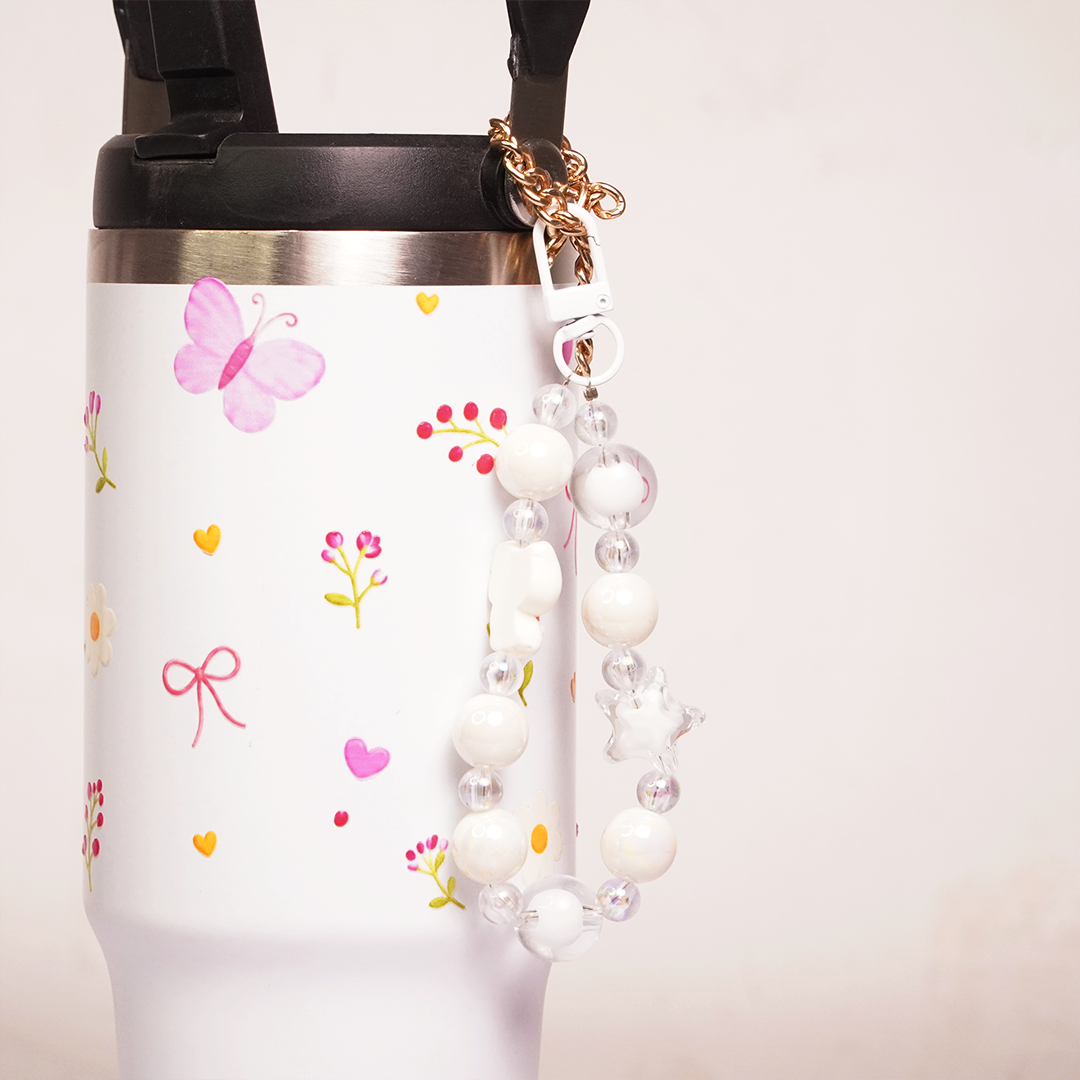 Butterfly & Floral Print Tumbler with Handle & Decorative Bead Charm | Reusable Travel Cup