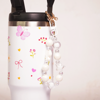 Butterfly & Floral Print Tumbler with Handle & Decorative Bead Charm | Reusable Travel Cup
