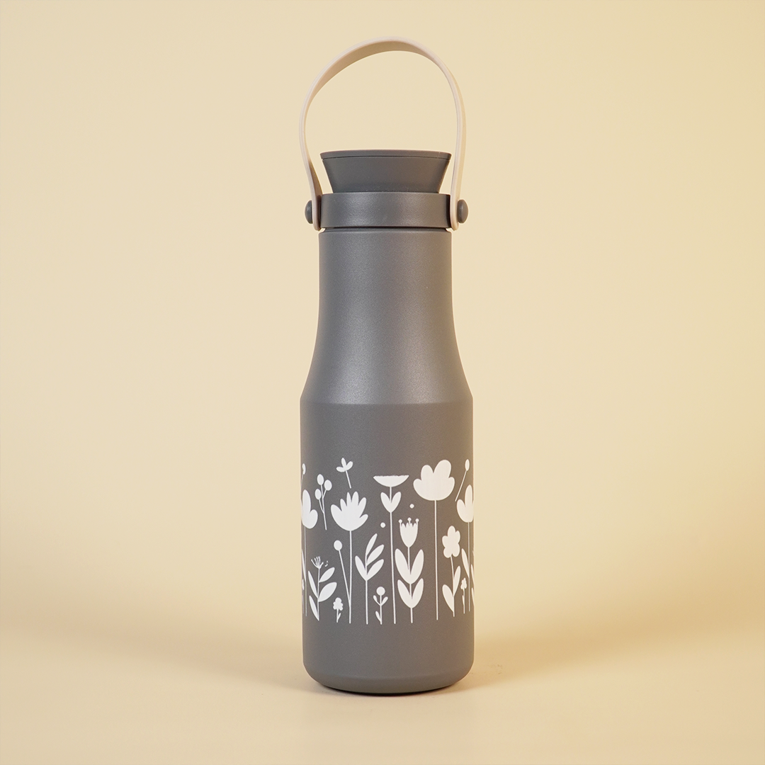 Matte Grey Floral Stainless Steel Water Bottle