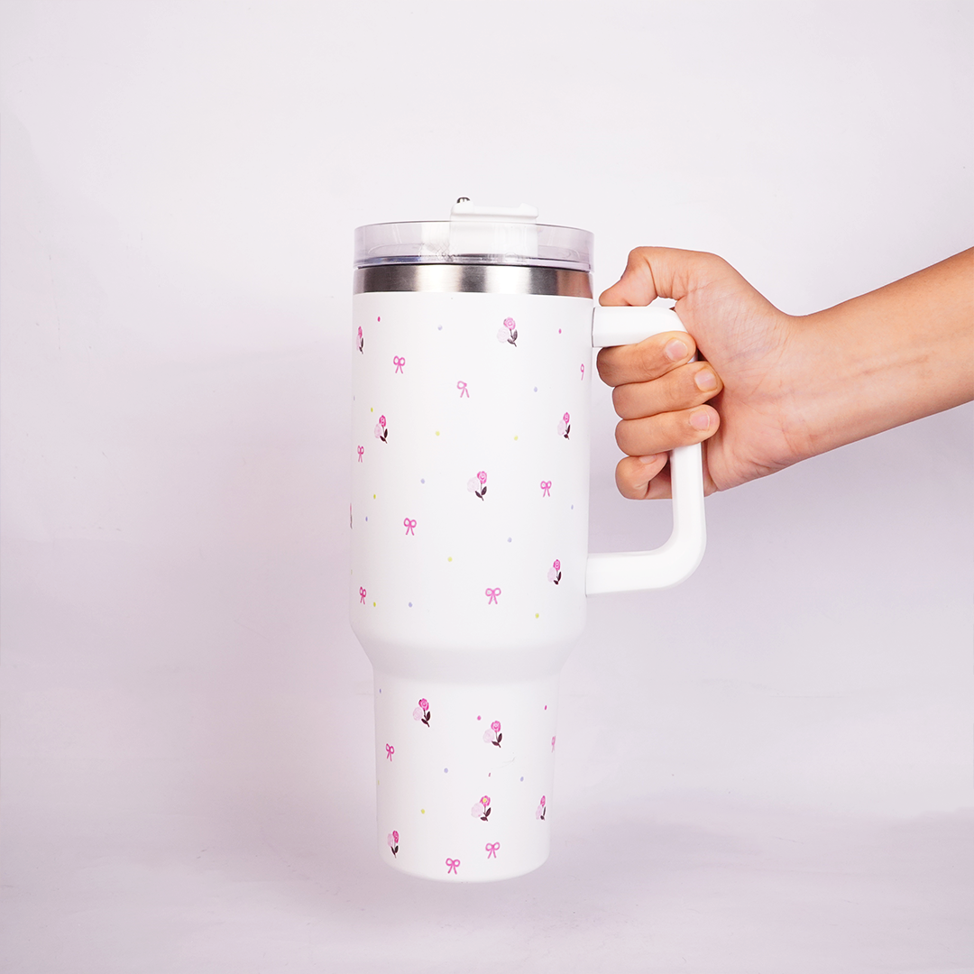 White Flower Tumbler with Handle & Straw – Cute Rose & Bow Design Reusable Travel Cup