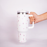 White Flower Tumbler with Handle & Straw – Cute Rose & Bow Design Reusable Travel Cup