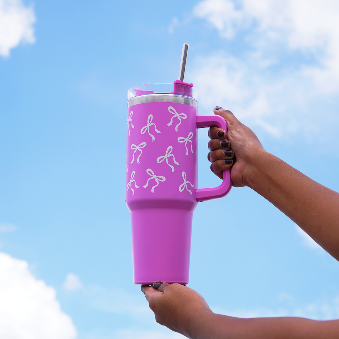 Bow Print Tumbler with Handle & Straw | Reusable Travel Water Cup | Stylish Drinkware