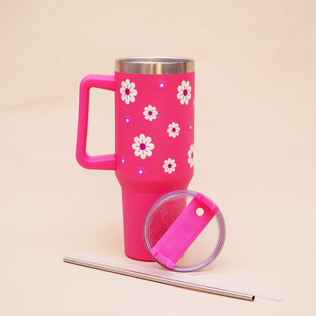 Pink Daisy Stainless Steel Floral Tumbler