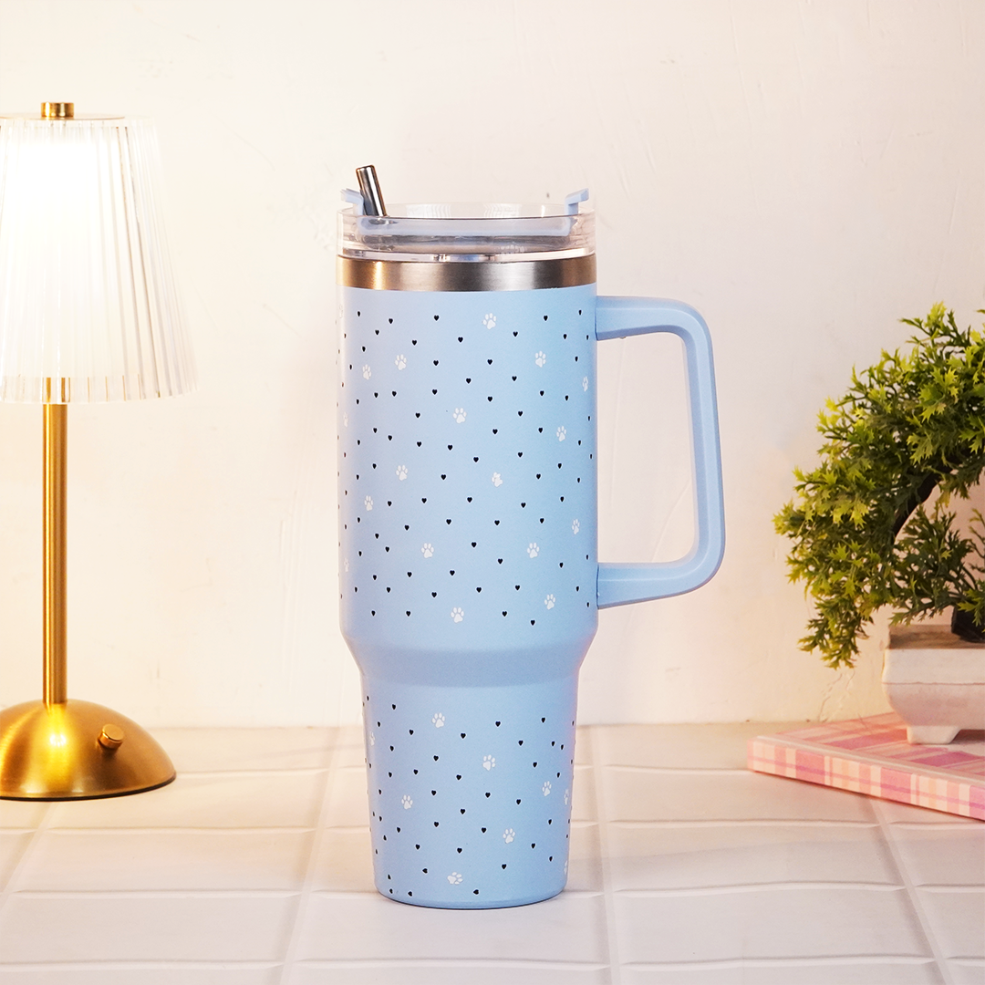 Blue Paw & Heart Print Tumbler – Insulated Travel Tumbler with Handle & Straw