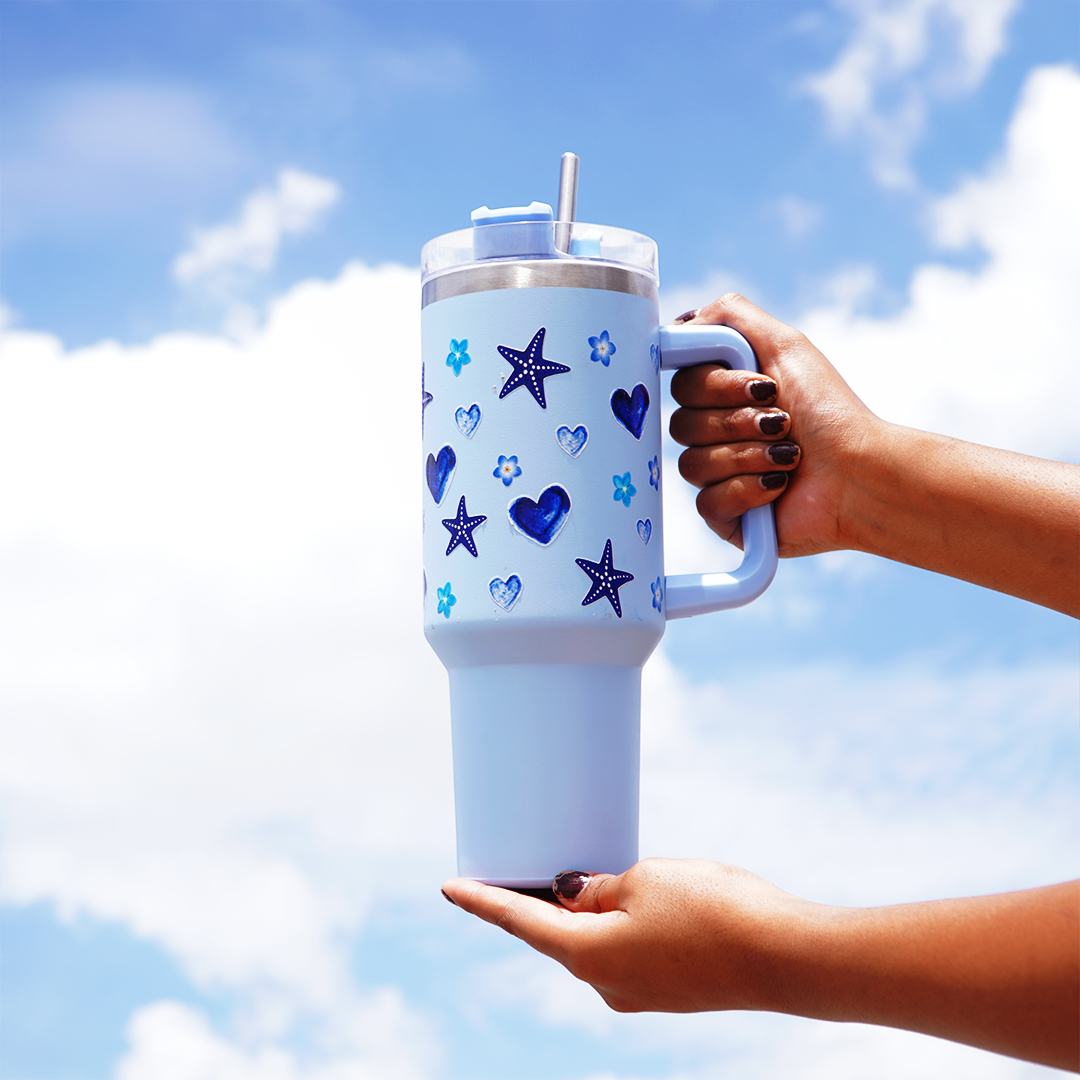 Starfish Print Tumbler with Handle & Straw | Reusable Travel Water Cup | Stylish Drinkware