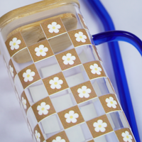 Set-2 Trendy Printed Glass Cup with Bamboo Lid & Straw