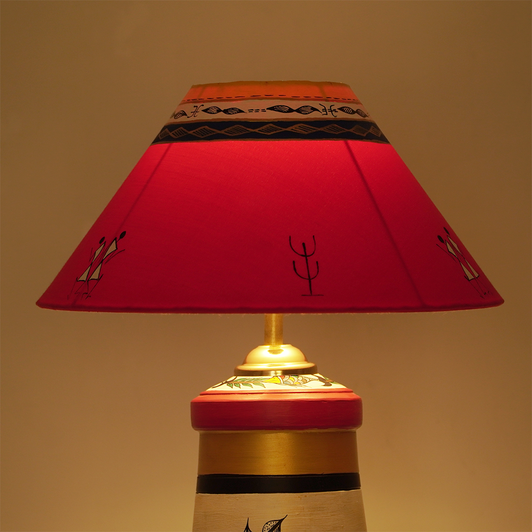 Handcrafted Warli Art Table Lamp – Red & Gold Ethnic Shade