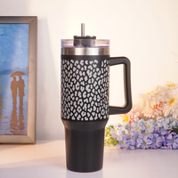 Black Leopard Print Tumbler with Handle & Straw – Stylish Reusable Travel Cup for Women & Girls