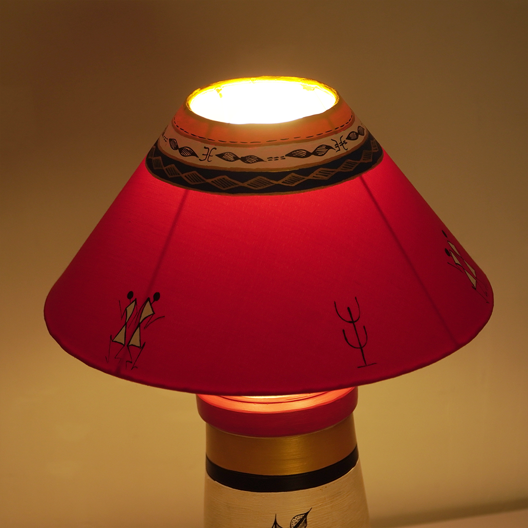 Handcrafted Warli Art Table Lamp – Red & Gold Ethnic Shade