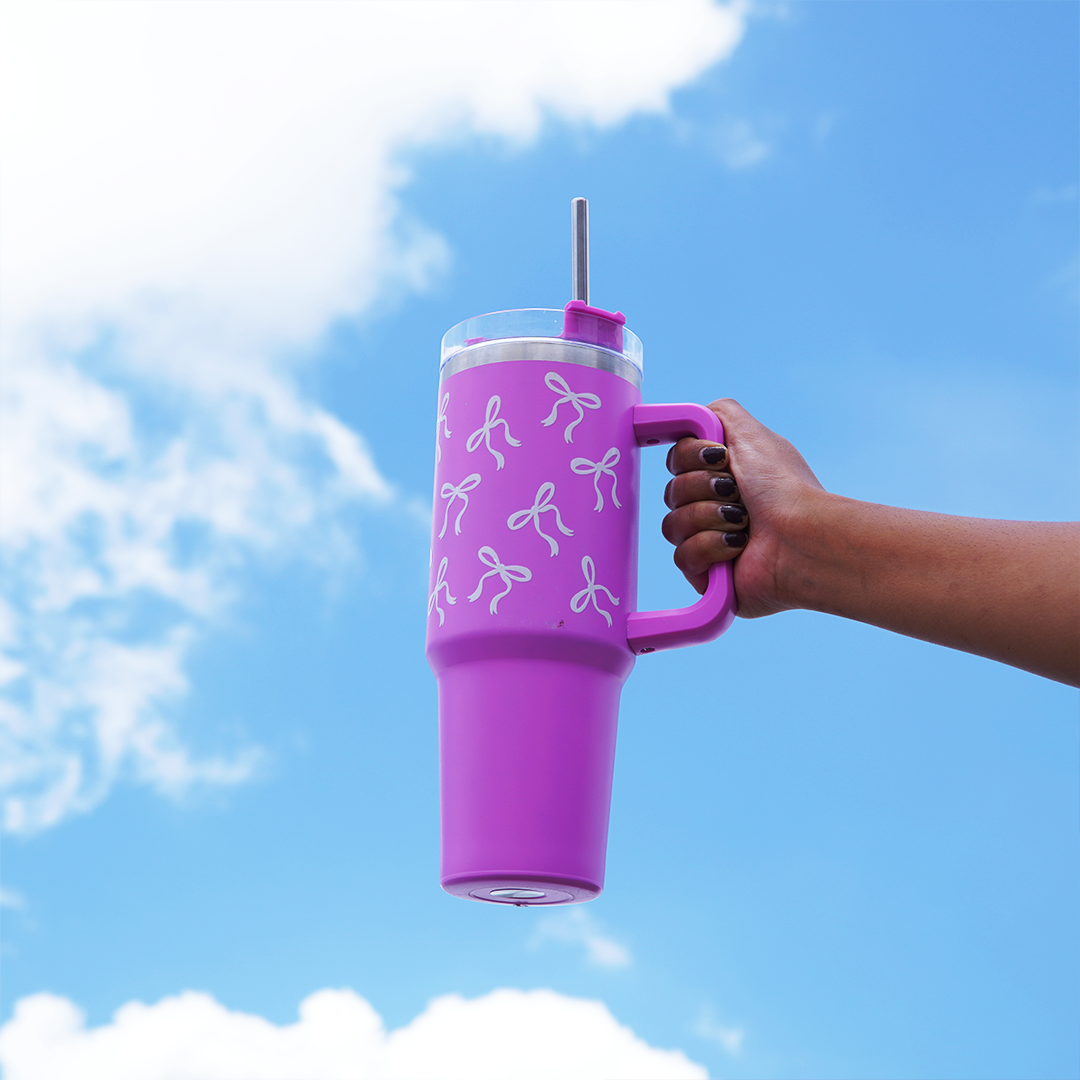 Bow Print Tumbler with Handle & Straw | Reusable Travel Water Cup | Stylish Drinkware