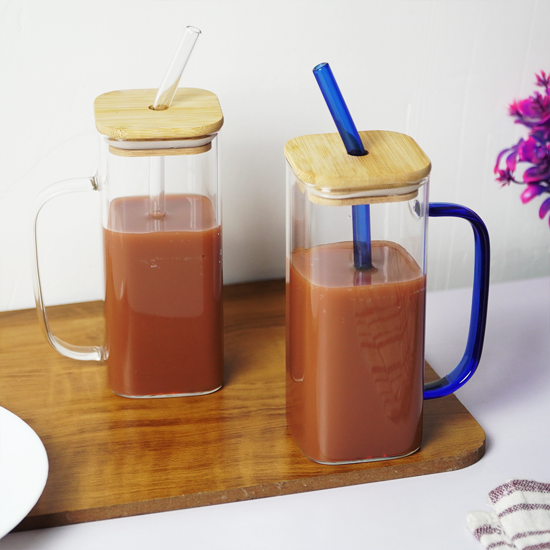 Glass Mug with Bamboo Lid & Reusable Straw | Clear Drinking Glass with Handle for Coffee