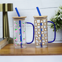 Set-2 Printed Glass Cup With Bamboo Lid & Reusable Straw