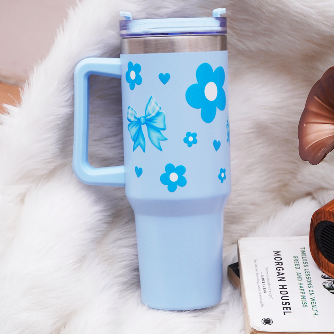 Cute Floral Blue Bow Stainless Steel Tumbler